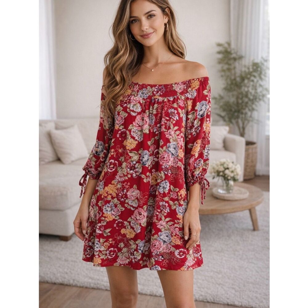 Almost Famous Boho Chic Red Floral Off-Shoulder Mini Dress